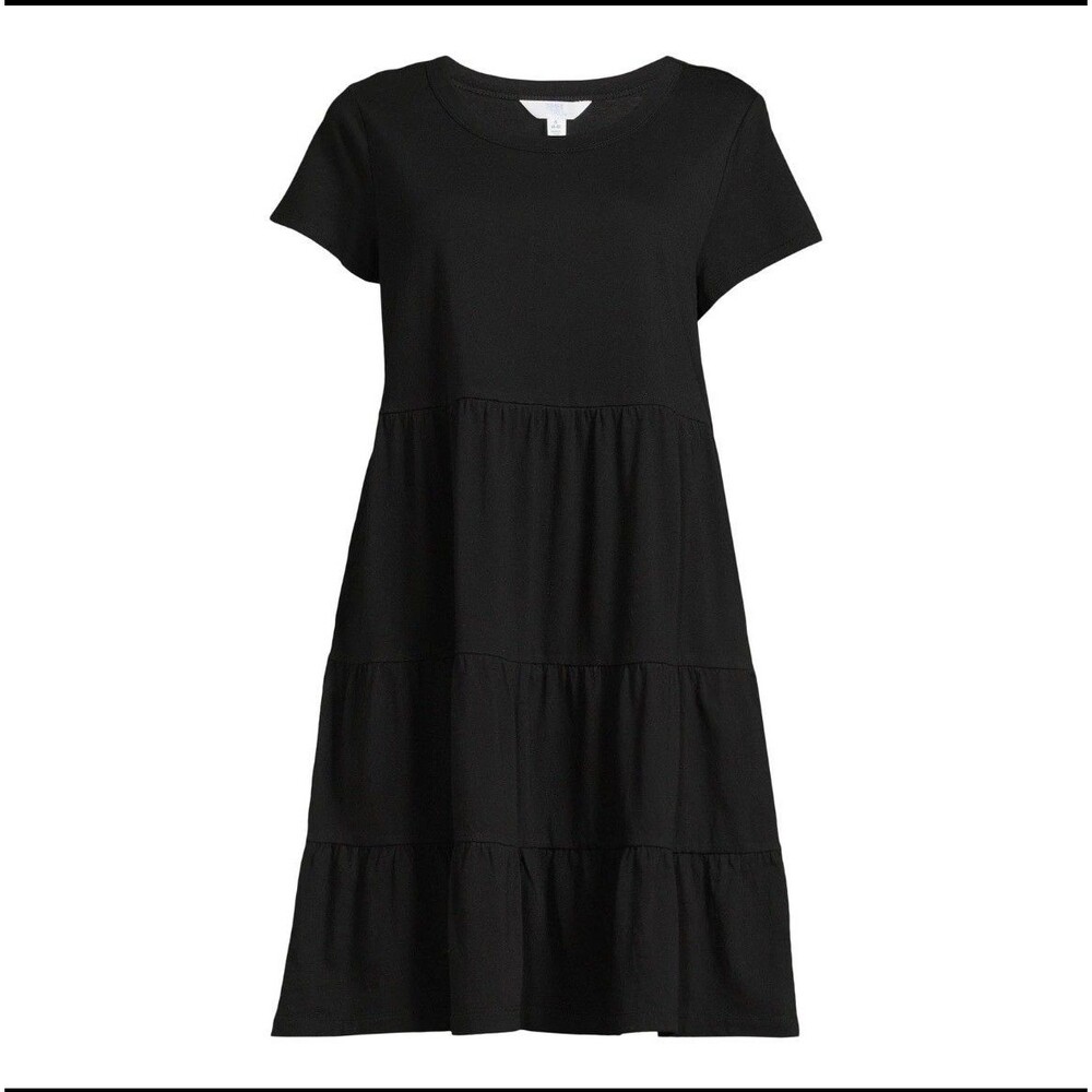 Time and Tru Dress Black Soot Tiered Cotton Casual Short Sleeve Pockets Size M - Picture 2 of 14